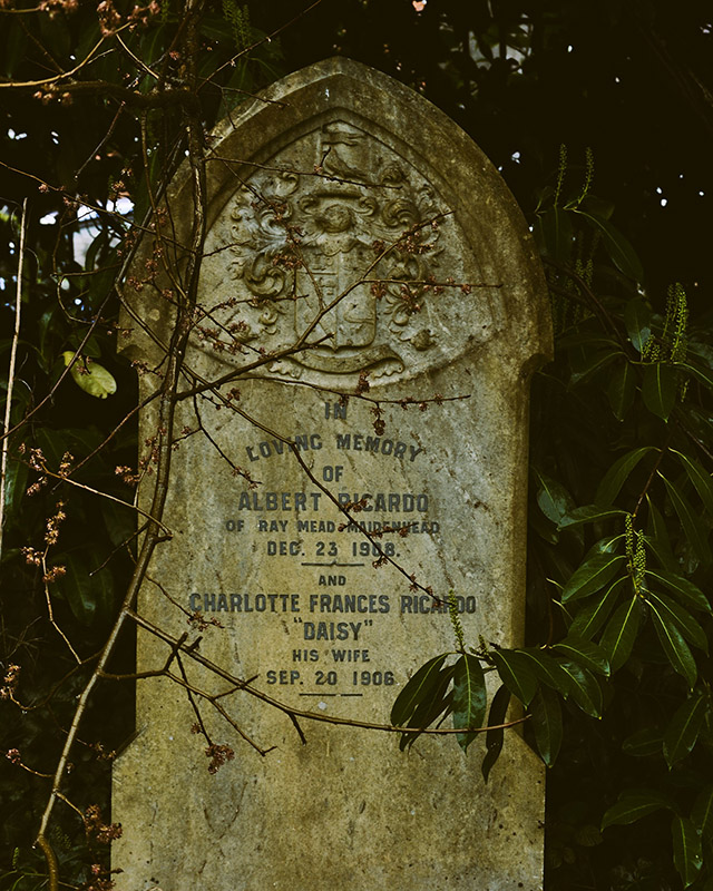 Gravestone reading In Loving Memory of Albert Ricardo and Charlotte Francis Ricardo “Daisy”, His Wife