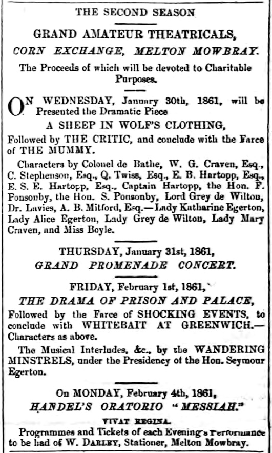 An advertisement for Grand Amateur Theatricals at Melton Mowbray