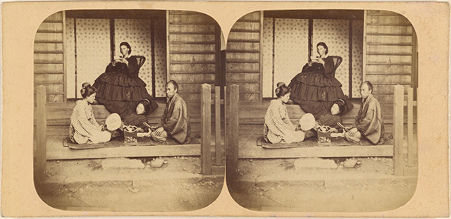 Stereoview of Group of European Lady and Japanese Attendants, at the Vice-Consulate, at Kanagawa, 1859