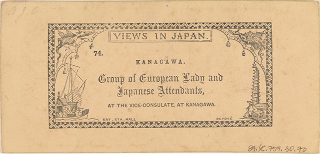 Stereoview of Group of European Lady and Japanese Attendants, at the Vice-Consulate, at Kanagawa, 1859